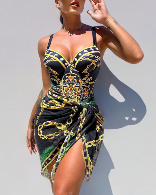 Grete – Luxe Baroque One-Piece Set with Sheer Wrap
