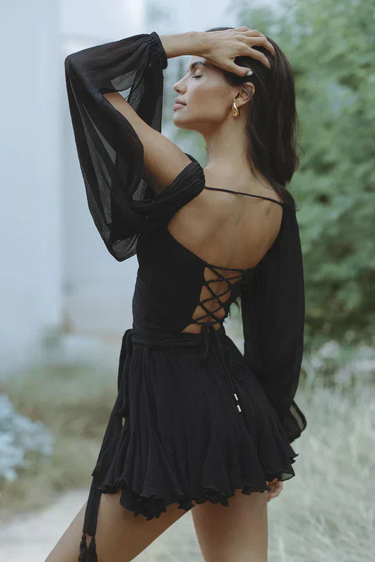 Veronica – Flowy Boho Lace-Up Mini Dress for Women