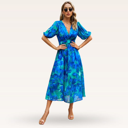 Zamzam – Floral V-Neck Midi Dress for Women