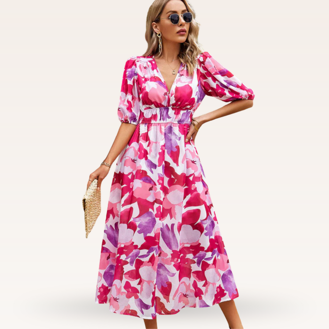 Zamzam – Floral V-Neck Midi Dress for Women