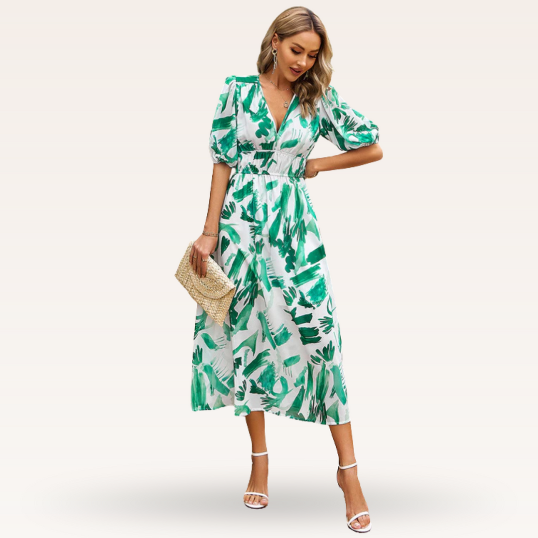 Zamzam – Floral V-Neck Midi Dress for Women