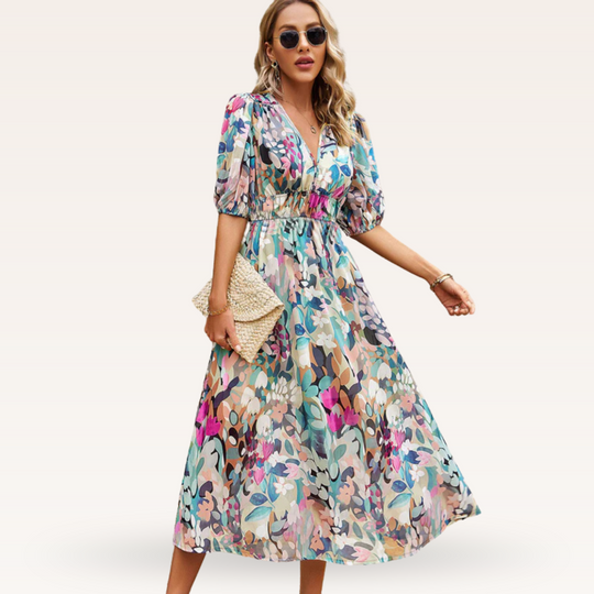 Zamzam – Floral V-Neck Midi Dress for Women