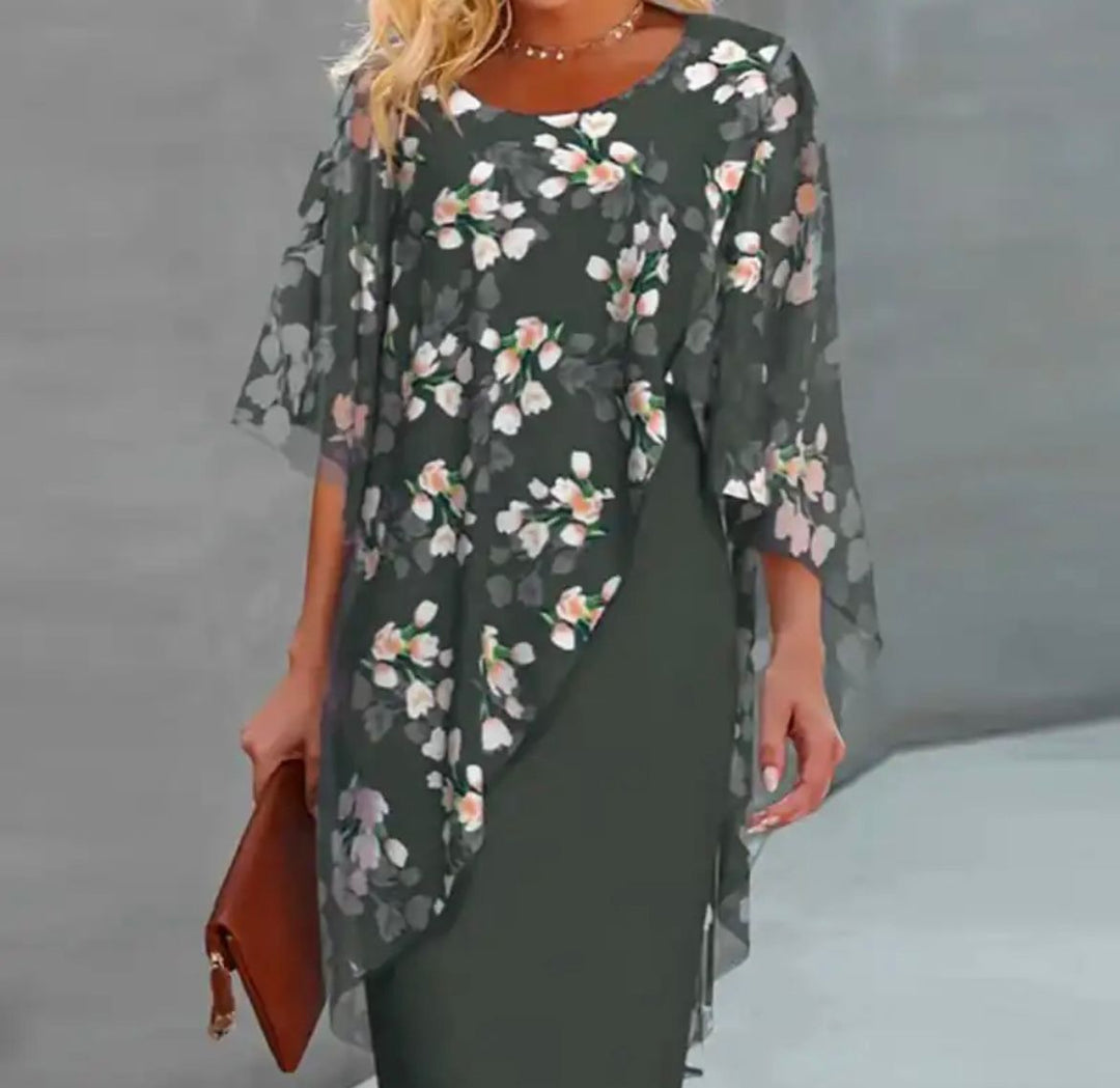 Daria – Floral Overlay Chiffon Midi Dress