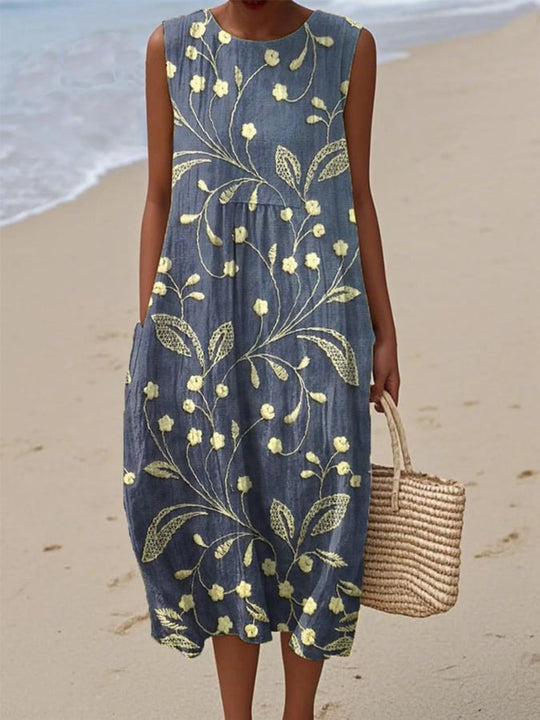 Nara – Sleeveless Indigo Floral Dress for Women