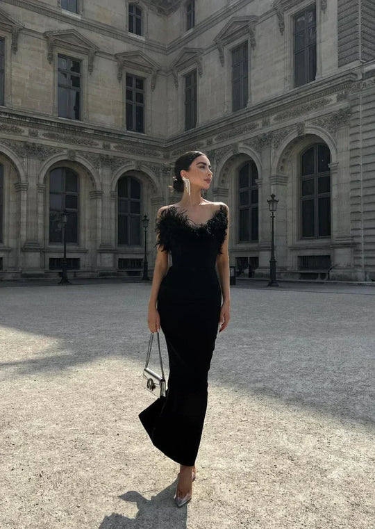 Fjolla – Feathered Elegance Strapless Gown