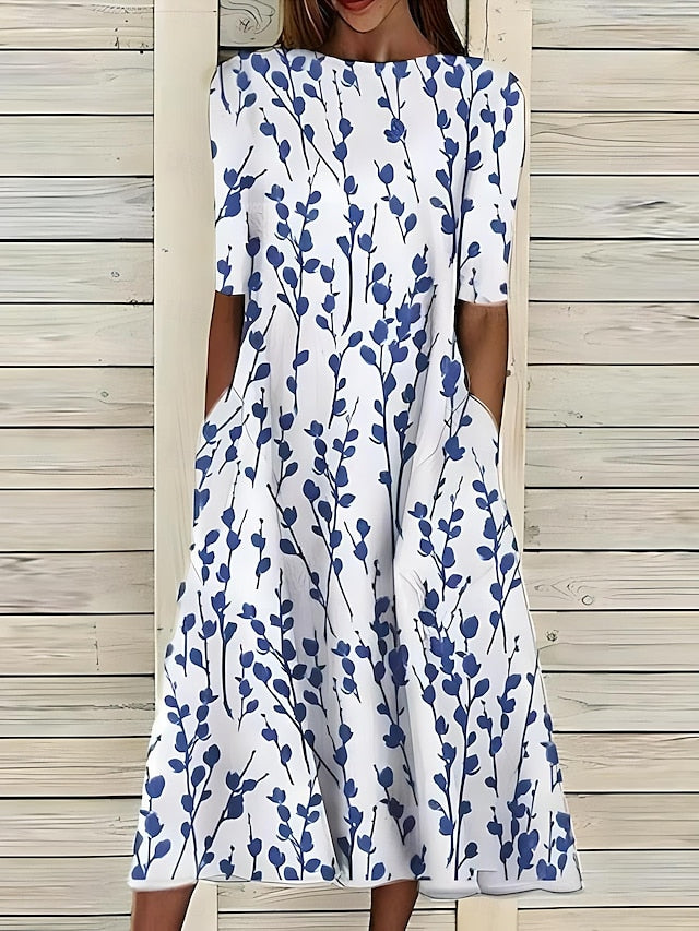 Lunara – Printed Cotton Midi Dress with Pockets