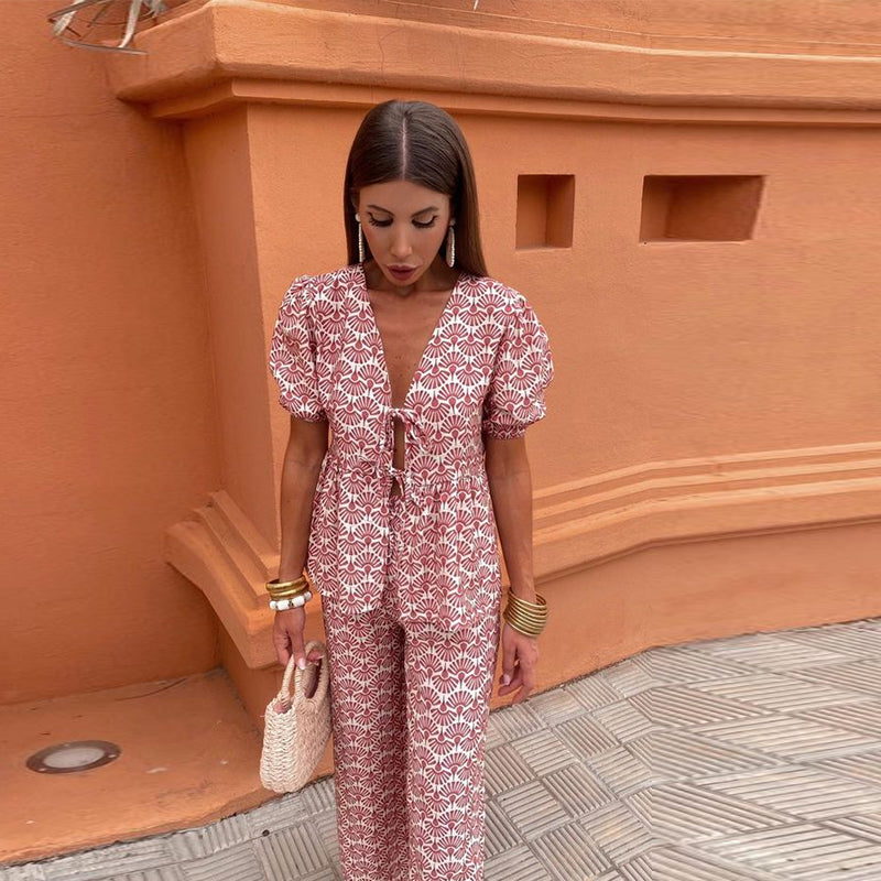 Dalvyna – Puff-Sleeve Tie-Front Jumpsuit for Women
