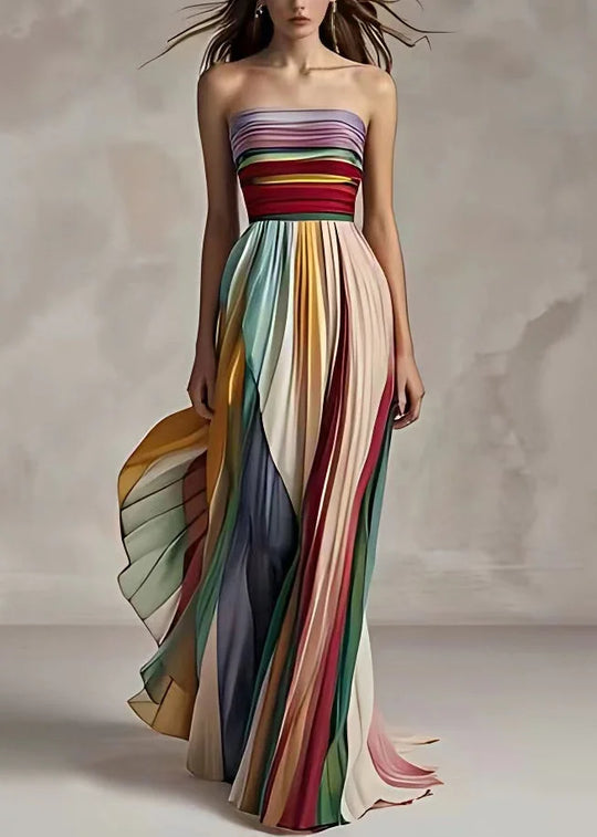 Aina – Strapless Pleated Rainbow Maxi Dress
