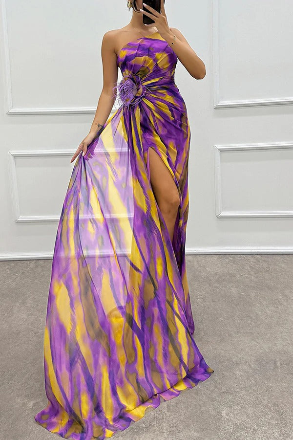Maravelle – Strapless Abstract Chiffon Gown for Women