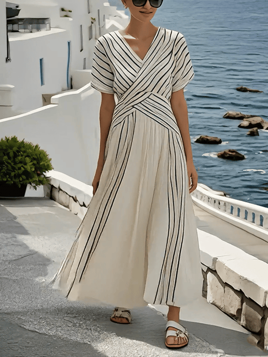 Kanerva – Linen Stripe Crossover Dress for Women