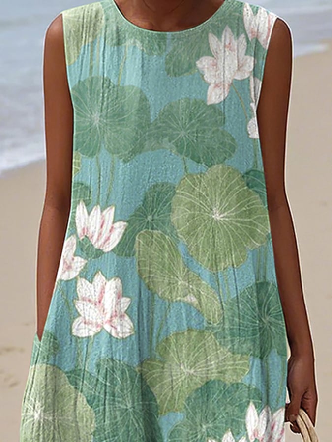 Irena  – Sleeveless Lotus Print Summer Dress for Women