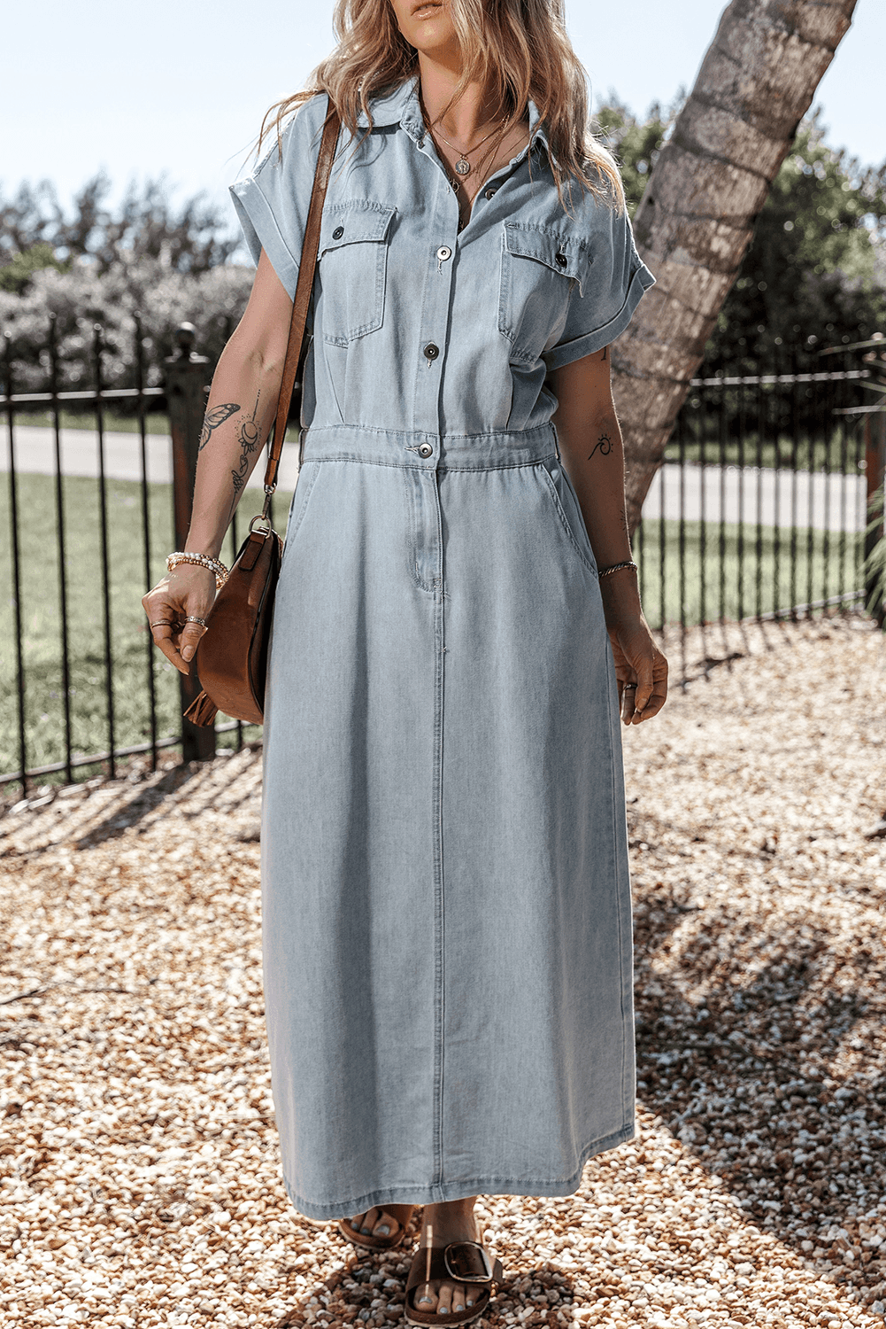 Elisyn – Soft Denim Drawstring Midi Shirt Dress for Women