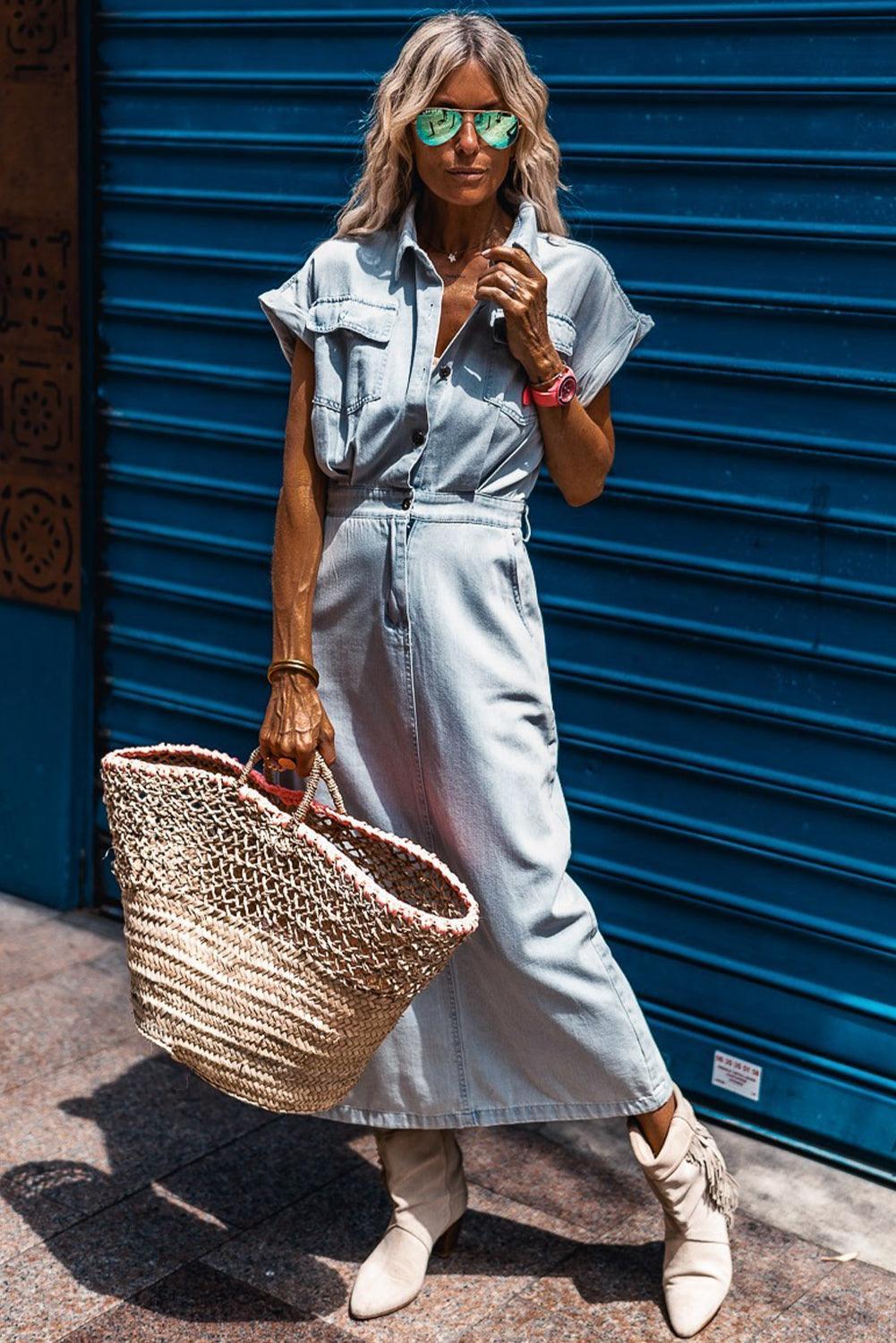 Elisyn – Soft Denim Drawstring Midi Shirt Dress for Women
