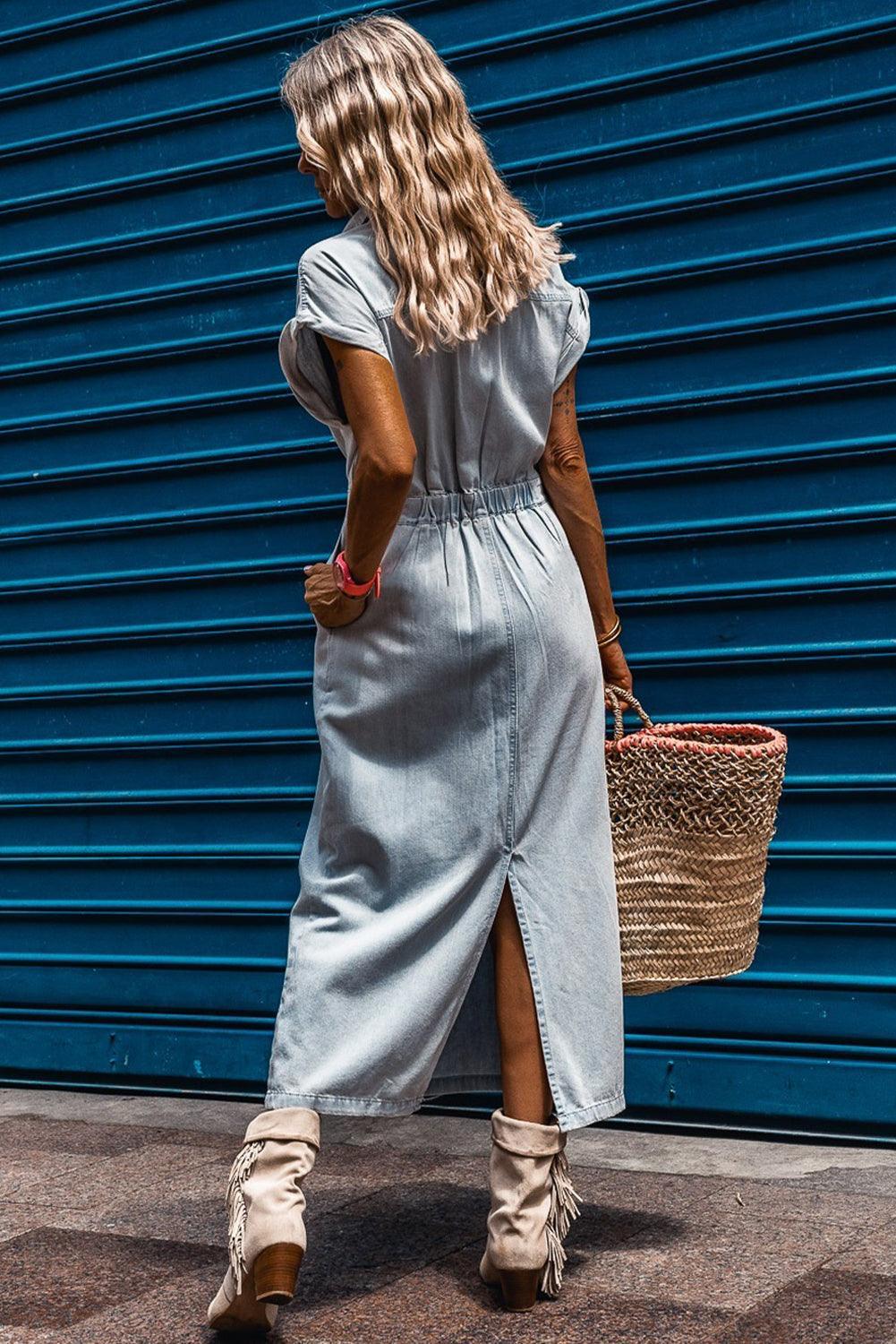 Elisyn – Soft Denim Drawstring Midi Shirt Dress for Women