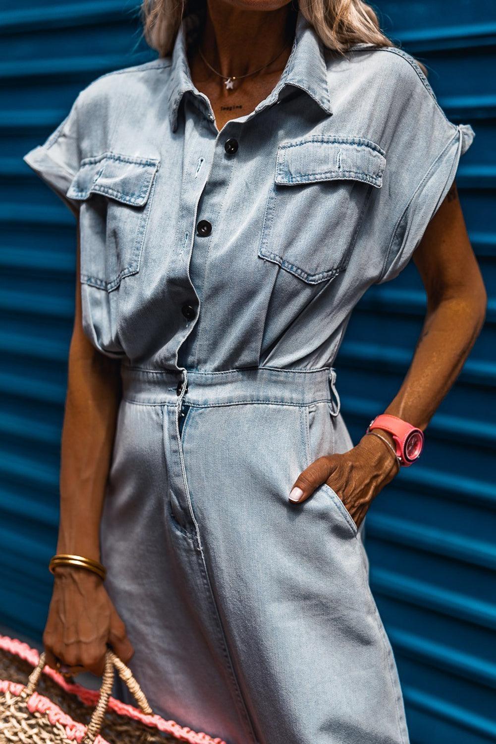 Elisyn – Soft Denim Drawstring Midi Shirt Dress for Women