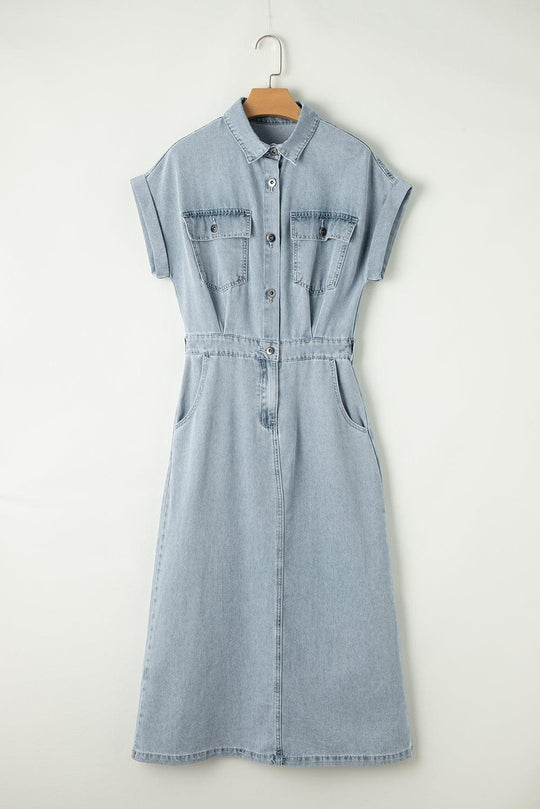 Elisyn – Soft Denim Drawstring Midi Shirt Dress for Women