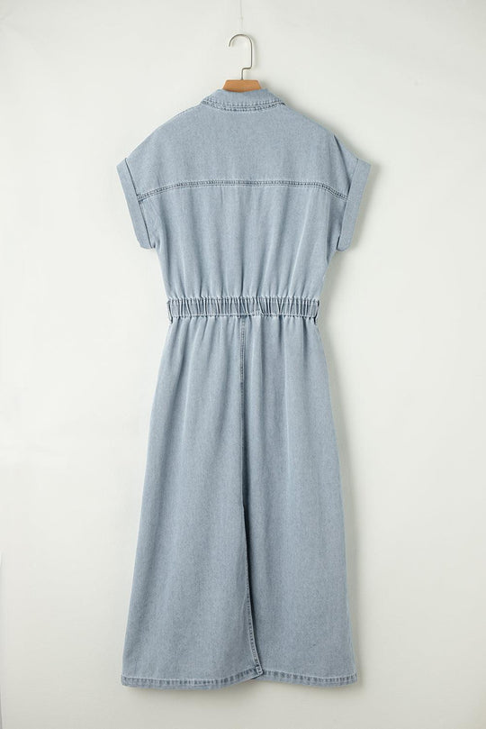 Elisyn – Soft Denim Drawstring Midi Shirt Dress for Women