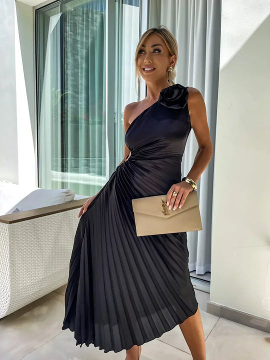 Milada – One-Shoulder Pleated Midi Dress for Women