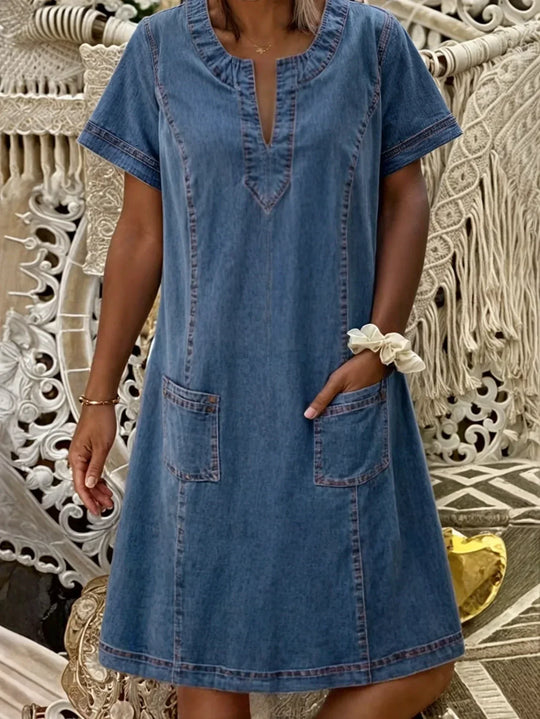Averra – V-Neck Pocketed Denim Shift Dress for Women