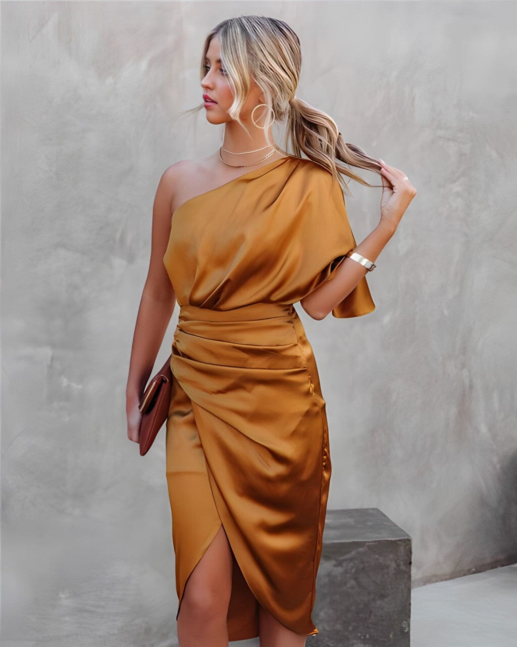 Celvaya – One-Shoulder Satin Drape Dress for Women