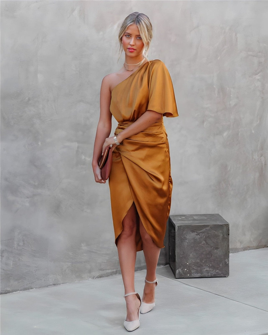 Celvaya – One-Shoulder Satin Drape Dress for Women