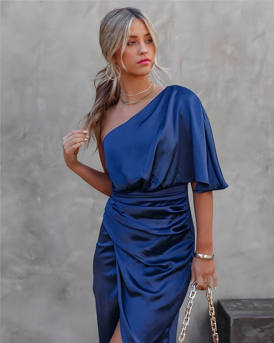 Celvaya – One-Shoulder Satin Drape Dress for Women