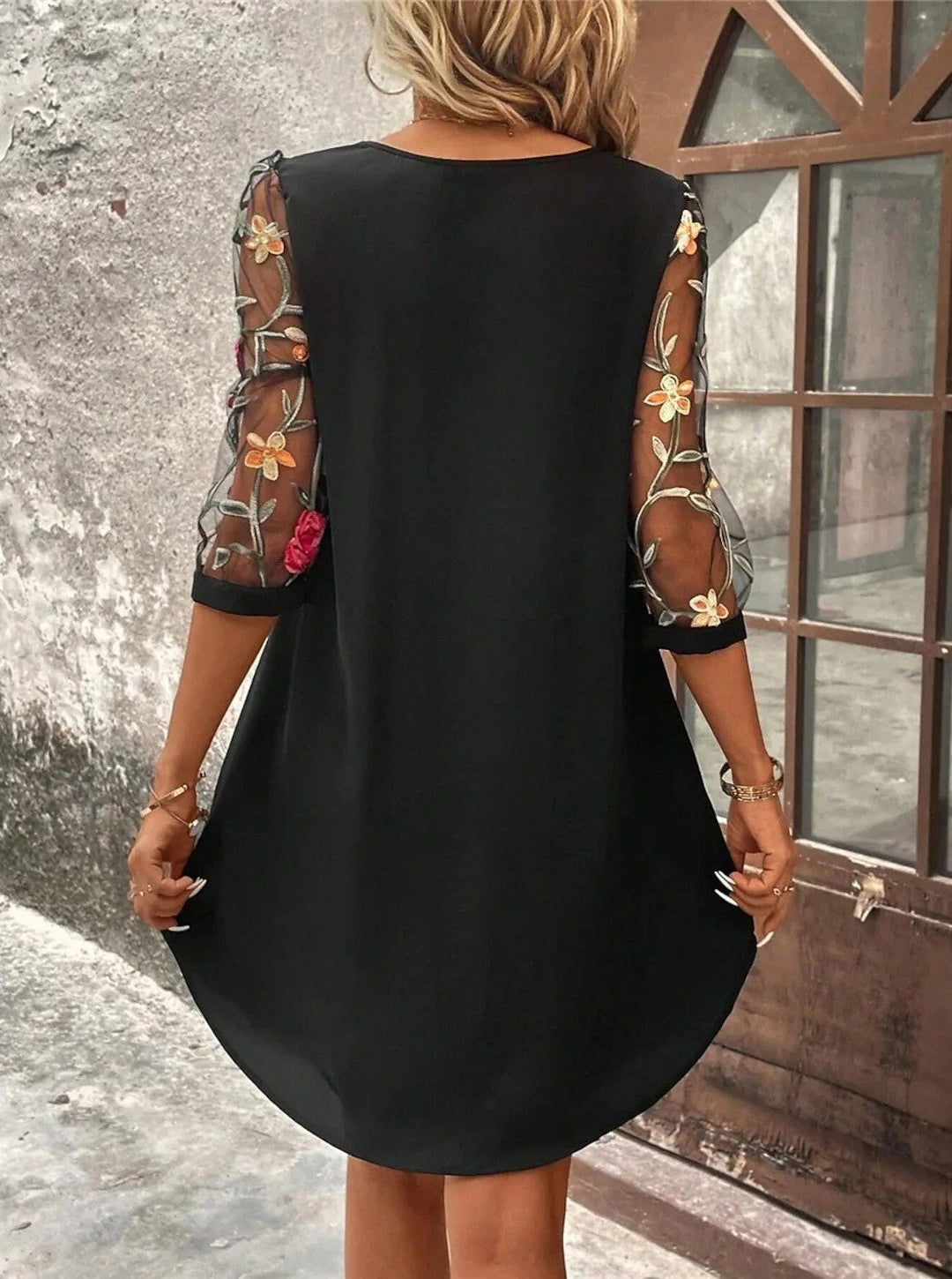 Barbara – Sheer Sleeve Floral Accent Dress