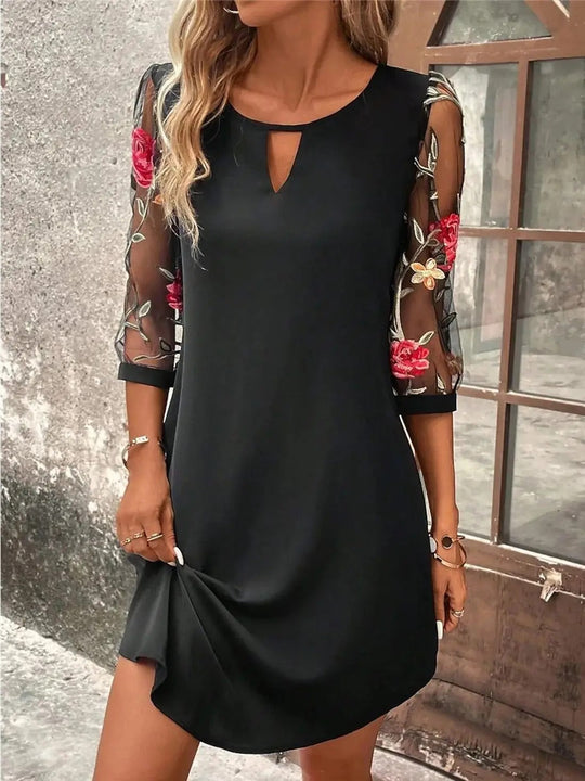 Barbara – Sheer Sleeve Floral Accent Dress