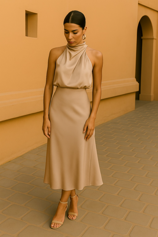 Selvanna – Satin Halter Neck Midi Dress for Women