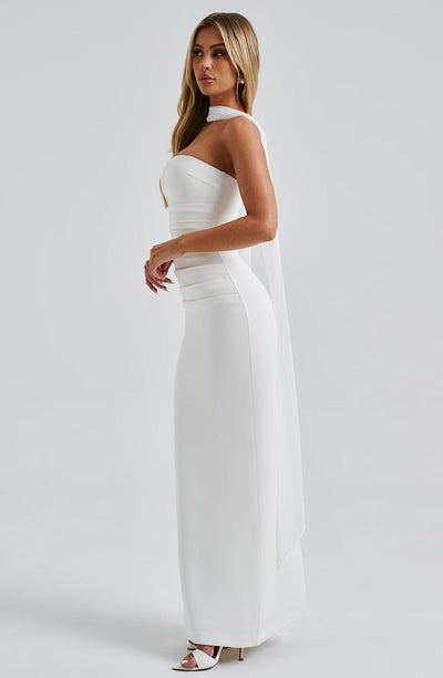 Maivara – Strapless Draped Column Gown for Women