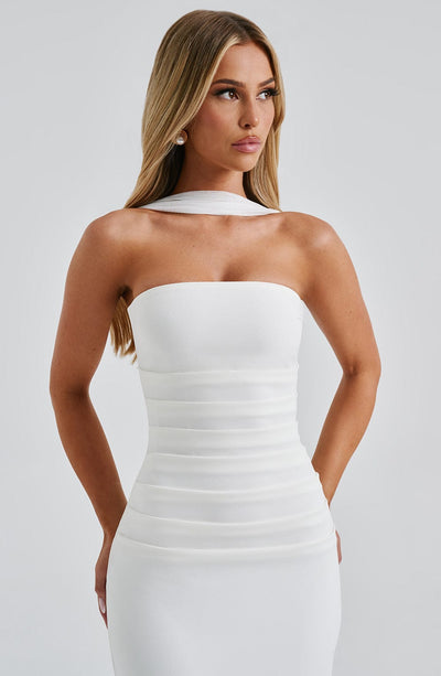 Maivara – Strapless Draped Column Gown for Women