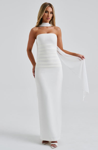 Maivara – Strapless Draped Column Gown for Women