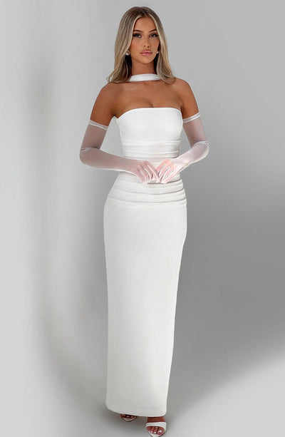 Maivara – Strapless Draped Column Gown for Women