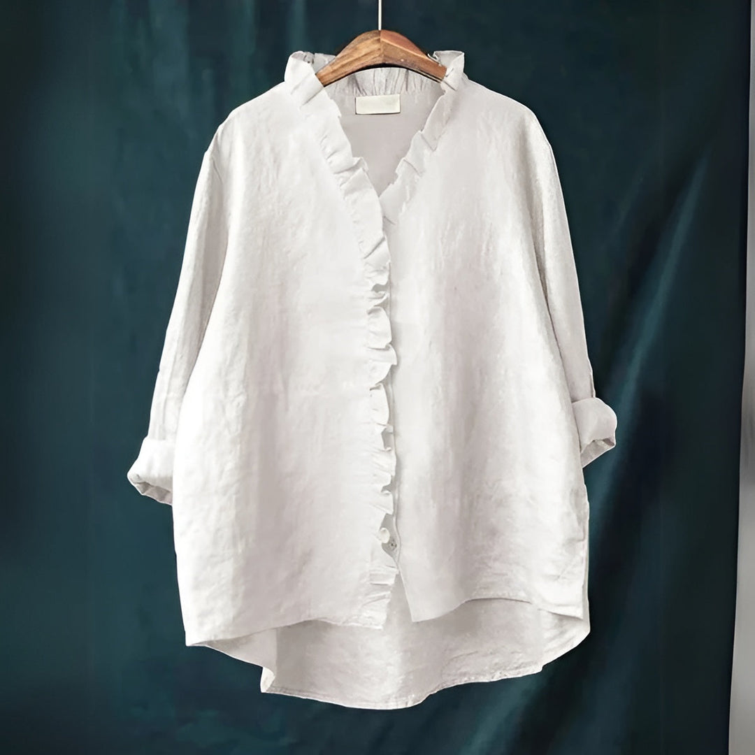 Viona – Ruffle-Front Linen Shirt for Women