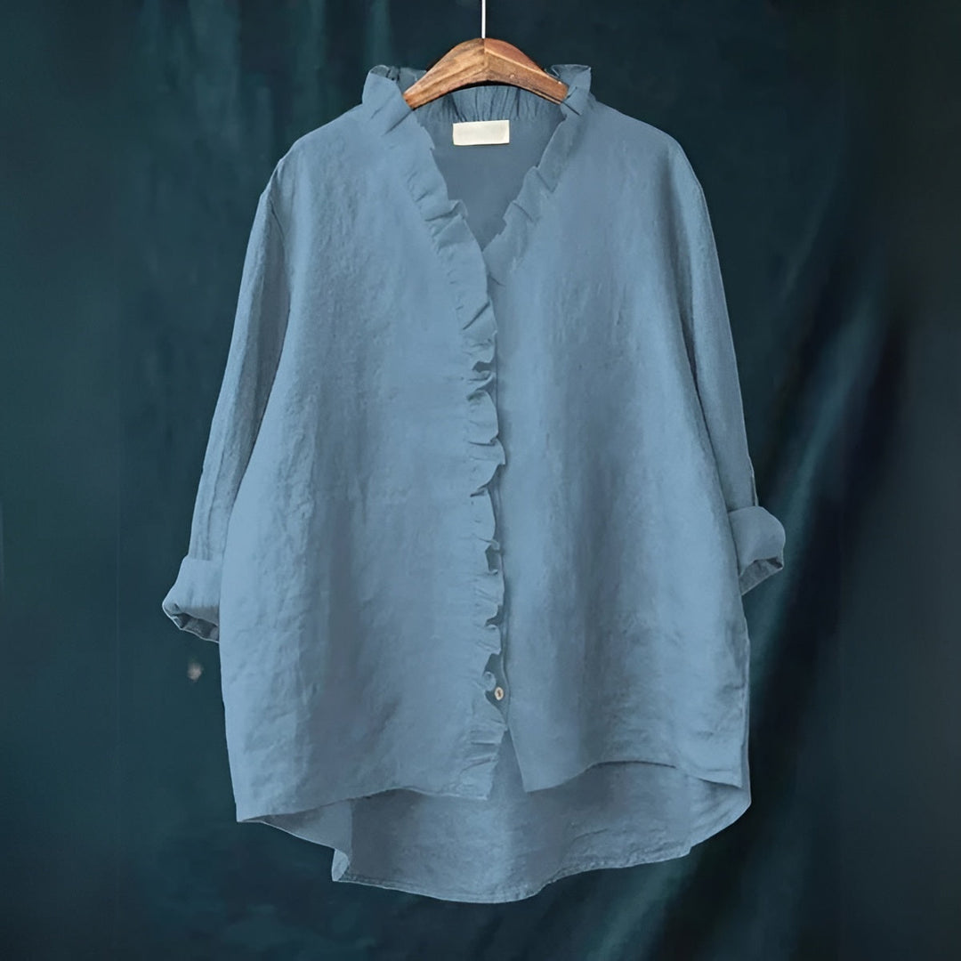 Viona – Ruffle-Front Linen Shirt for Women