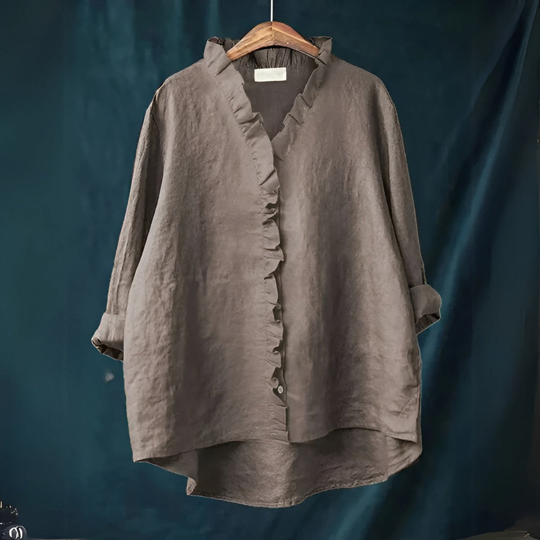 Viona – Ruffle-Front Linen Shirt for Women