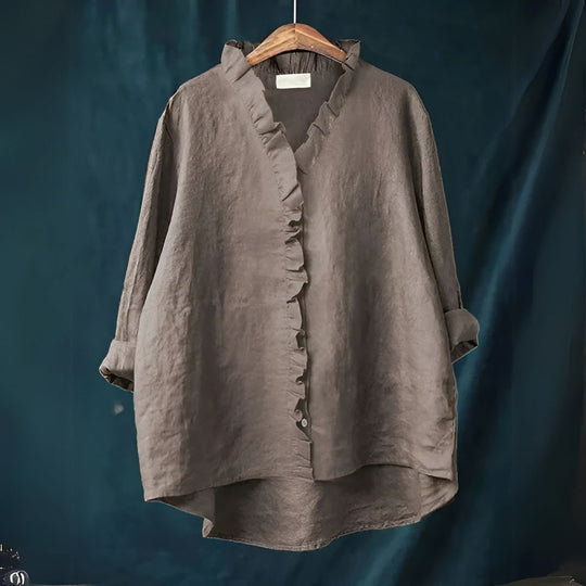 Viona – Ruffle-Front Linen Shirt for Women