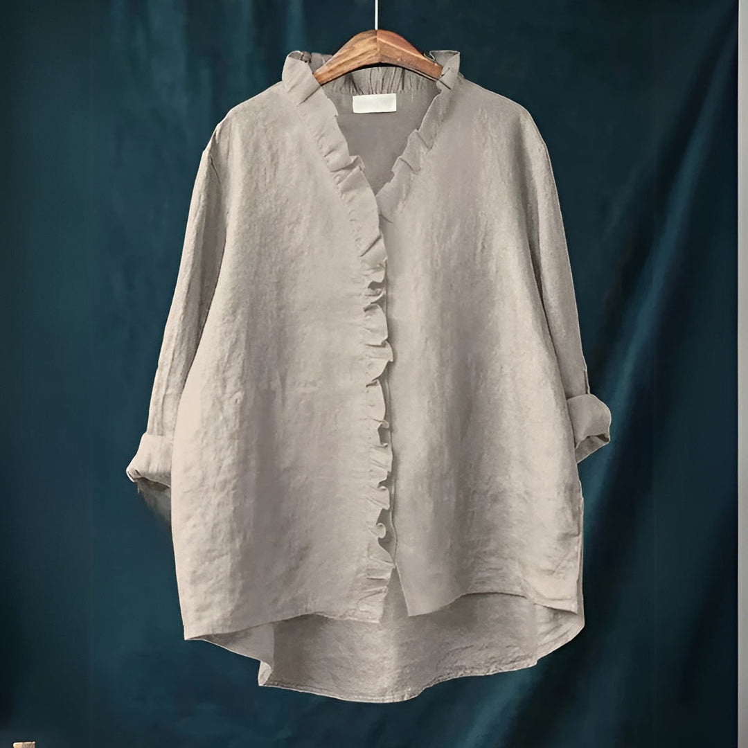 Viona – Ruffle-Front Linen Shirt for Women