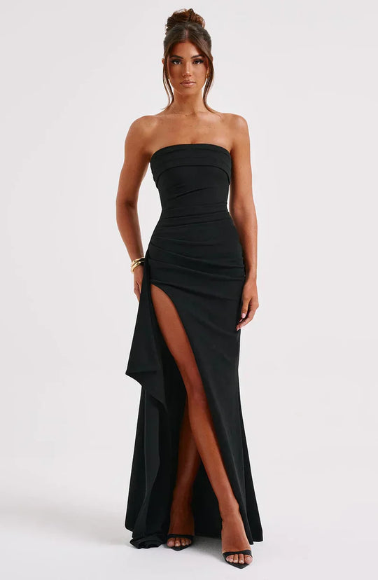 Mahulena – Strapless Draped Slit Gown for Women