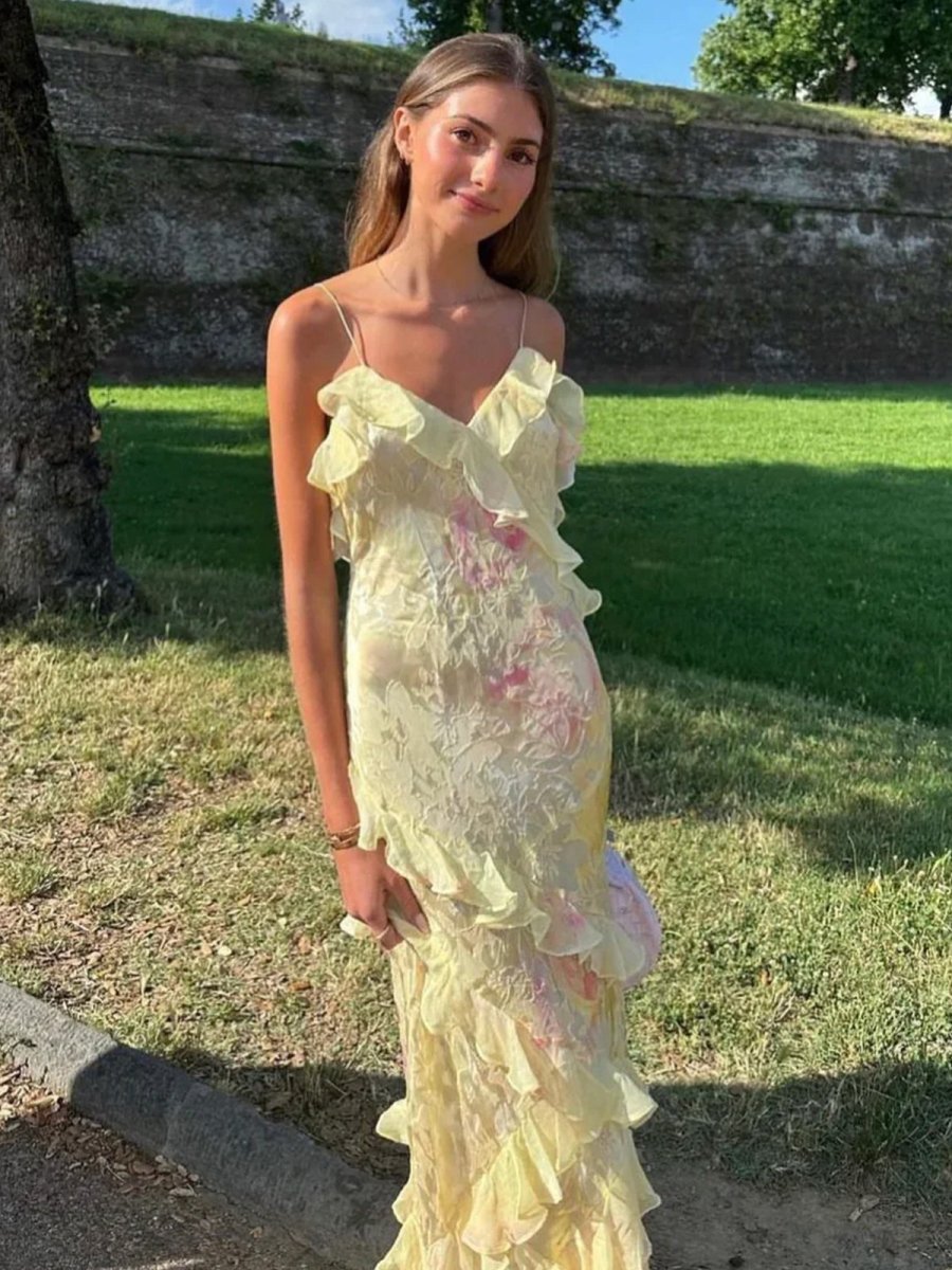 Fioretta – Asymmetrical Floral Ruffle Gown for Women