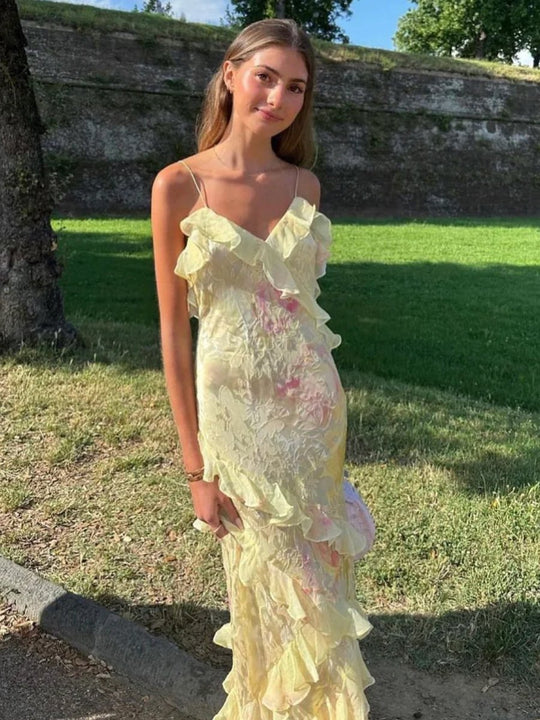 Fioretta – Asymmetrical Floral Ruffle Gown for Women